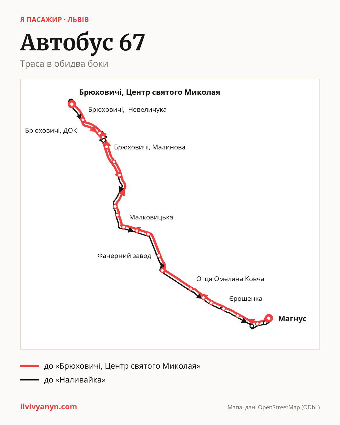 Автобус 67 у Львові на мапі: траса в обидва боки