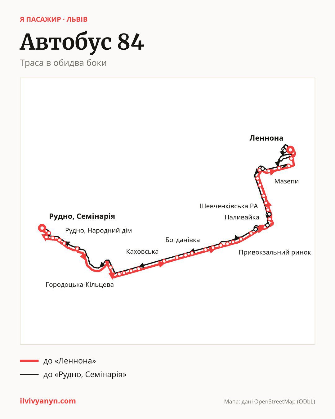 Автобус 84 у Львові на мапі: траса в обидва боки