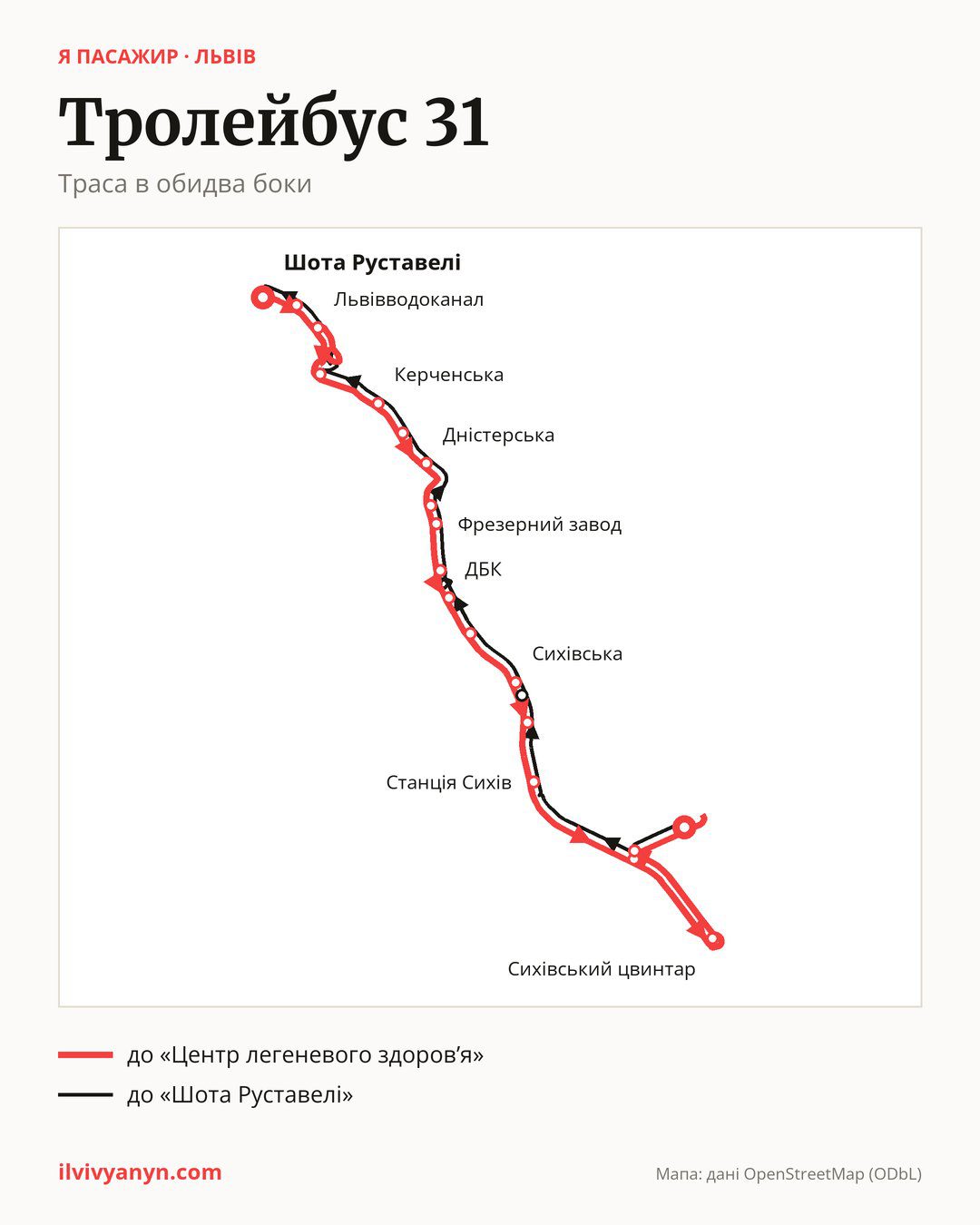 Тролейбус 31 у Львові на мапі: траса в обидва боки