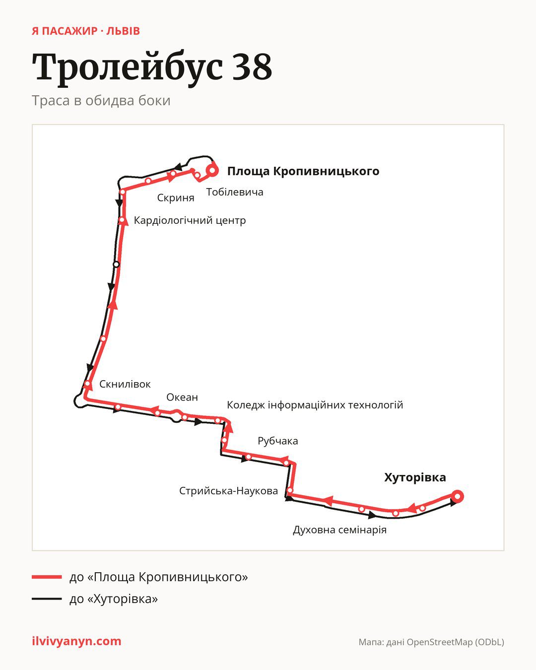 Тролейбус 38 у Львові на мапі: траса в обидва боки
